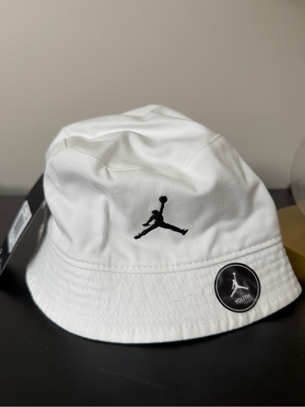 Jordan Youth White Bucket Hat with Black Jumpman Patch